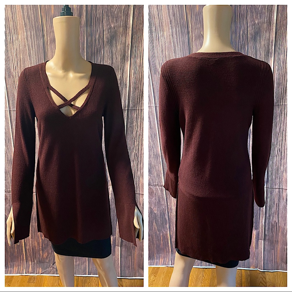 Free People size small wine burgundy deep purple knit long boho slit sweater